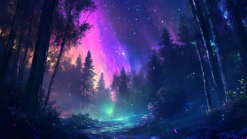 Bioluminescent Forest Aurora: Digital Rendering of Ethereal Woodland Passage.