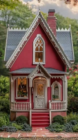 Gothic red cottage miniature with ornate trim and warm lighting.