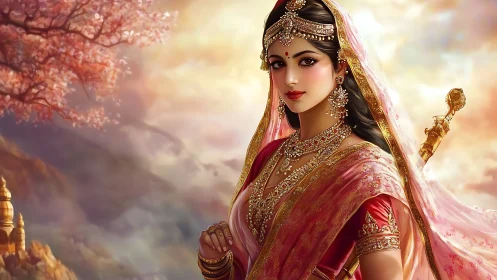 Regal warrior princess in jeweled sari against sunrise sky.