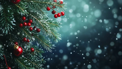 Snow covered fir branches with red berries and ornaments.