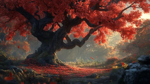 Ancient crimson tree glows above a misty forest path.