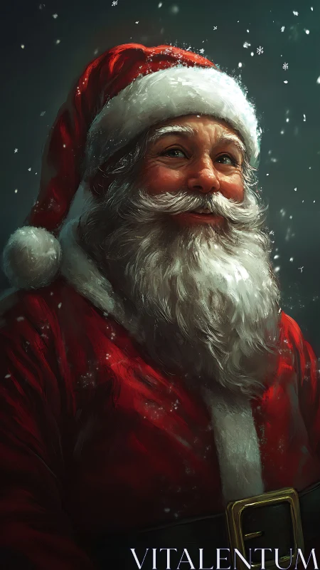 Jolly Santa Claus smiles warmly in softly falling snow.
