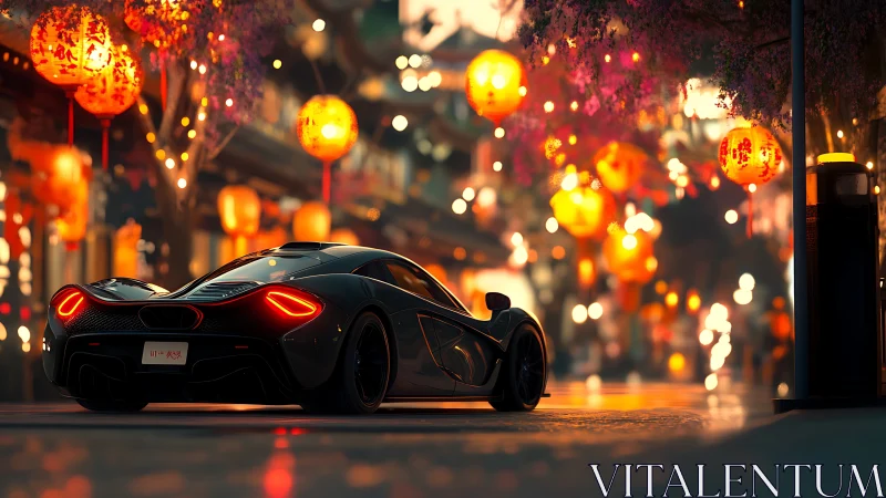Midnight supercar drifting through lantern-lit festival streets.