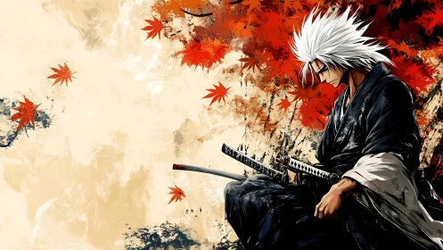 White-haired samurai broods beneath burning autumn leaves.