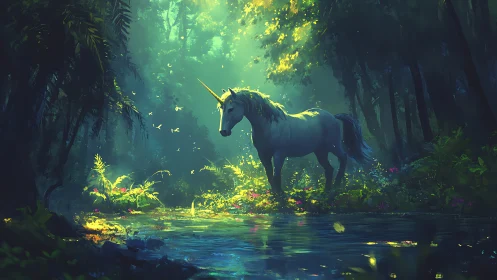 Solitary unicorn stands in luminous forest beside stream