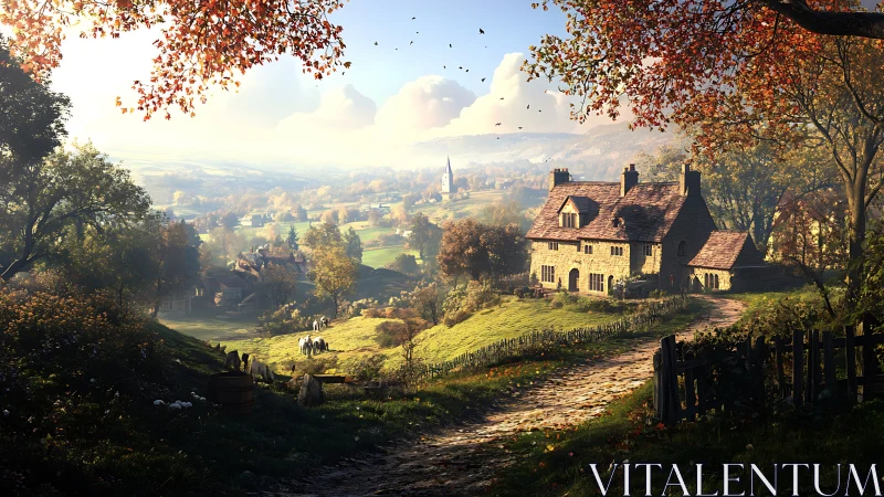 Stone cottage overlooks sunlit valley village and fields