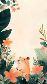 Cute hamster illustration in lush floral jungle scene.