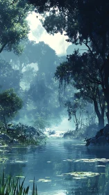 Luminous River Canyon: Atmospheric Digital Landscape.