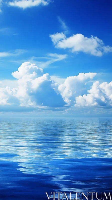 Open ocean horizon under cumulus clouds and clear sky.