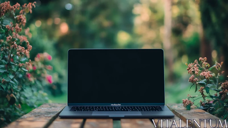 Closed laptop computer is positioned on an outdoor wooden table
