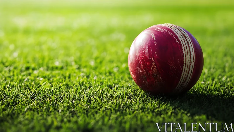 Cricket ball resting on green grass field under daylight.