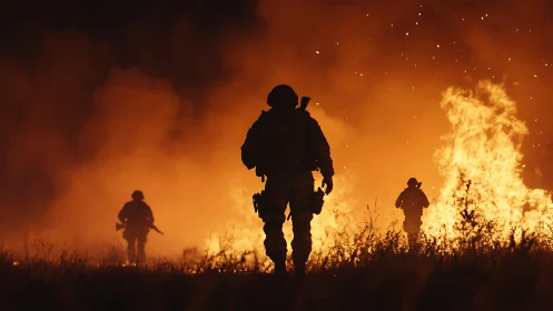 Soldiers advance through massive wildfire with raging flames.