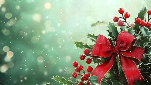 Holly leaves and red satin bow against defocused bokeh field