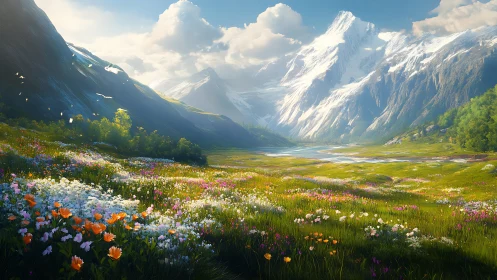 Mountain valley meadow with wildflowers and distant lake.