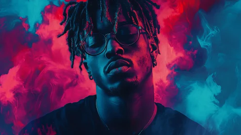 Portrait in neon smoke with intense cyan magenta glow.