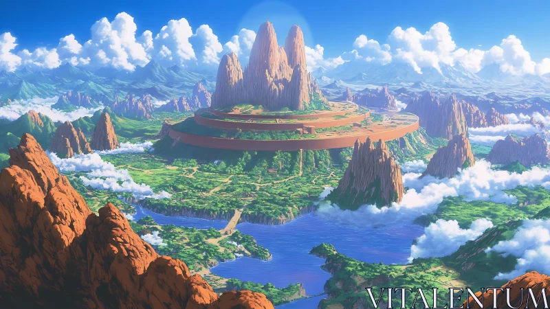 Layered floating landscape with stratified rock formations and water features.