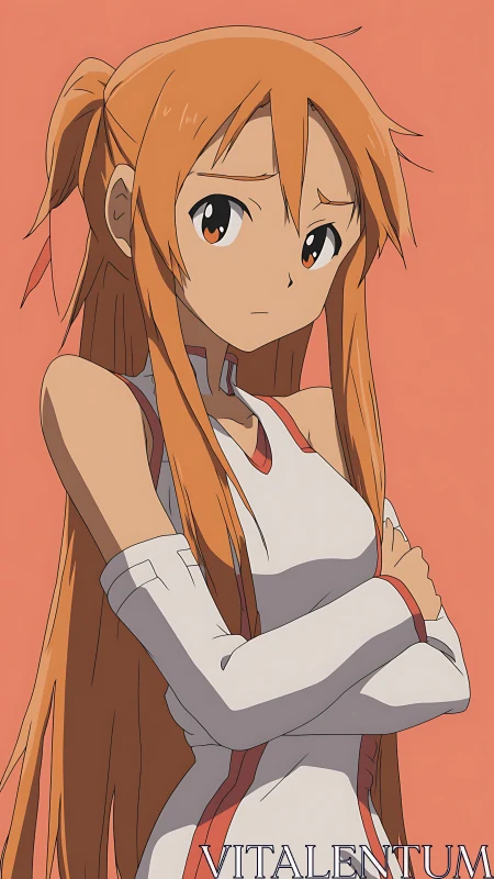 Anime swordswoman portrait with crossed arms, coral backdrop.