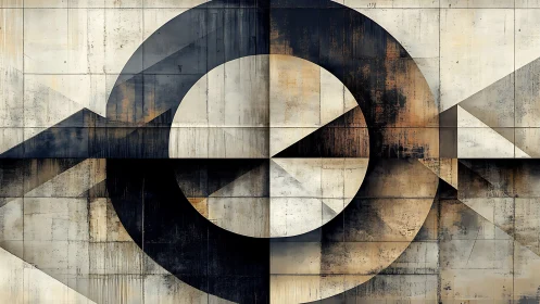 Geometric circles and triangles form distressed concrete mural grid