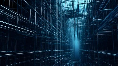 Futuristic metallic grid tunnel in blue digital art style.