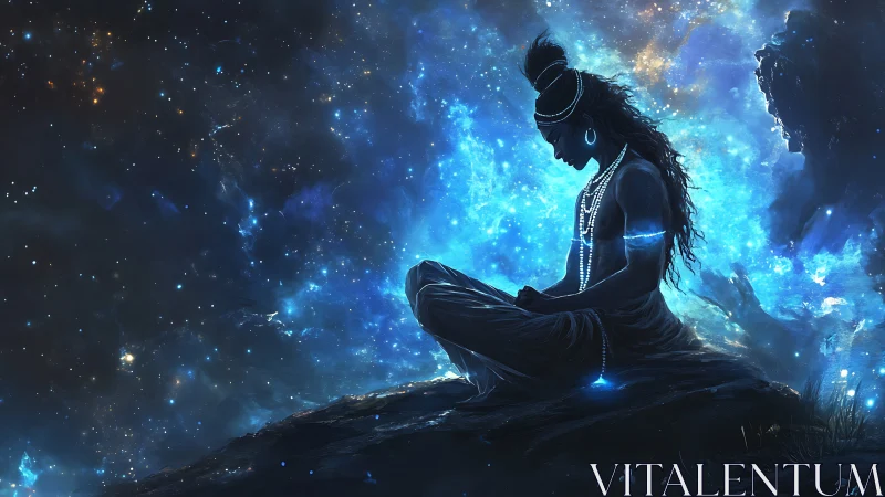 Seated silhouetted figure is positioned against luminous nebula