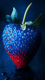 Blue red strawberry macro against dark moody background.