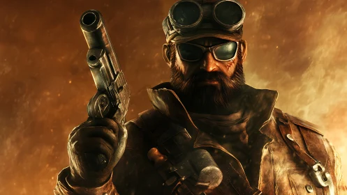 Bearded armed figure in goggles against orange lit backdrop.