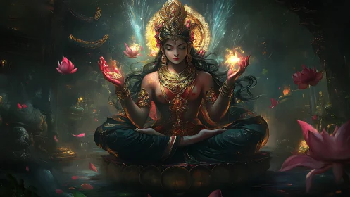 Radiant lotus goddess meditating in glowing temple calm.