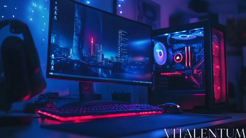 RGB gaming PC setup with ultrawide monitor at night.