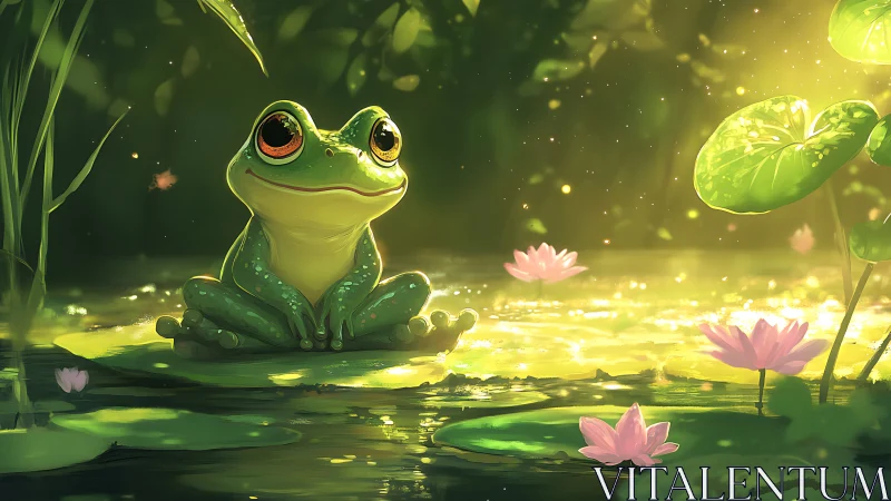 Gentle tree frog in glowing lily pond at golden dusk.