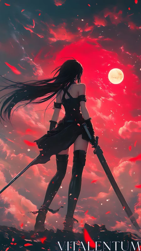 Sword-wielding warrior silhouetted against crimson lunar sky