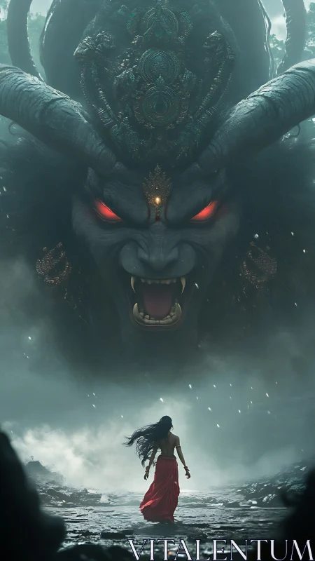 Warrior confronts colossal horned demon in misty chasm.