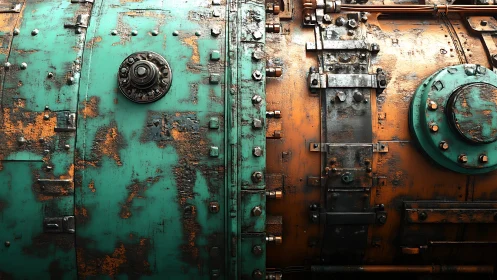 Rust weathered industrial boiler with teal and orange panels.