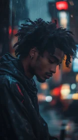 Side-profile male figure in rainy night urban street scene.