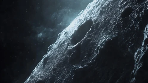 Rugged cratered asteroid surface in deep space light.