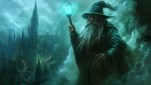 Kindly forest wizard guarding a misty enchanted castle.