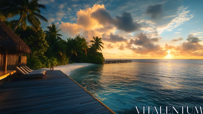 Sunset over tropical deck, palm trees, and calm shoreline.