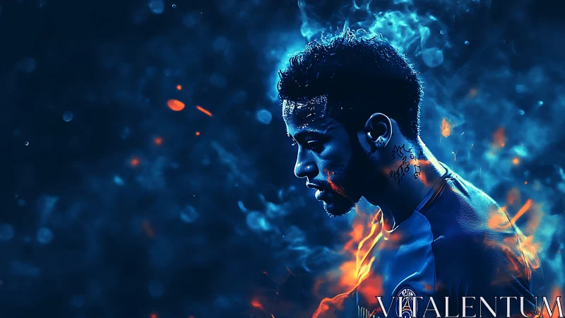 Fiery blue portrait of a focused footballer in glowing smoke