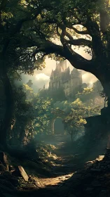 Misty Castle Glimpse Through Ancient Forest Archway.
