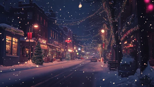 Snowfall over festive small-town street at winter dusk.