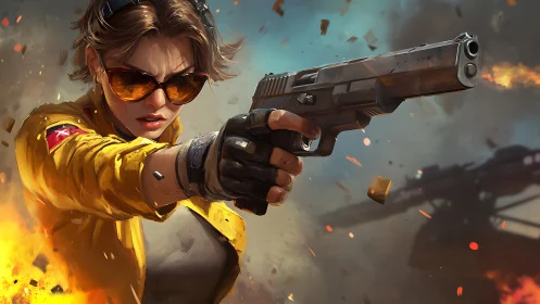 Action heroine firing pistol amid blazing battlefield.