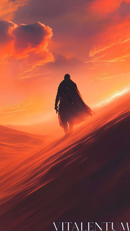 Solitary cloaked wanderer ascends wind-sculpted dune at sunset