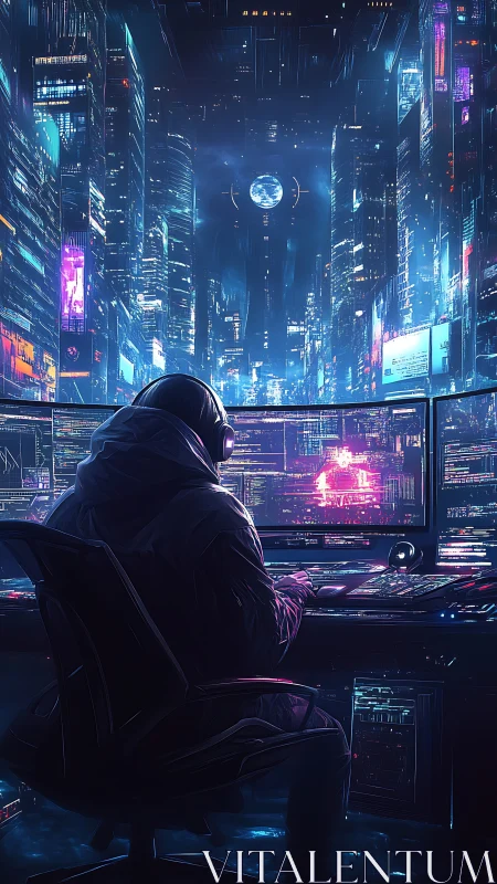 Cyberpunk hacker commands neon citywide data grid