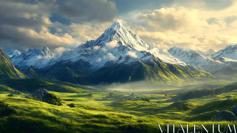 Sunlit alpine peak rises over emerald fantasy valley