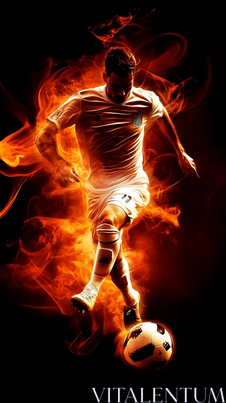 Soccer player dribbles ball surrounded by stylized flames