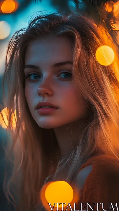 Portrait in dusk bokeh with golden rim light glow.
