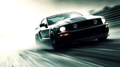 High-speed muscle car drifts through wet track with radial motion blur