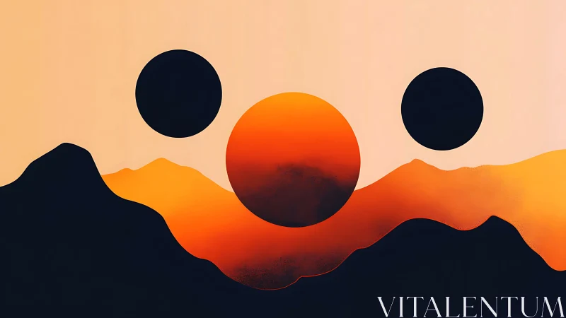 Triple-sun horizon over ember mountains in cosmic dusk.