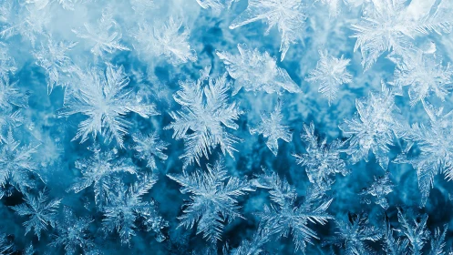 Detailed macro closeup of intricate blue ice snowflakes.