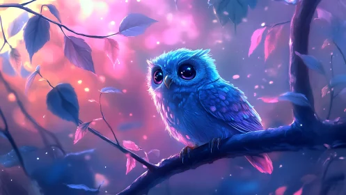 Enchanted baby owl on branch in dreamy pastel fantasy art.
