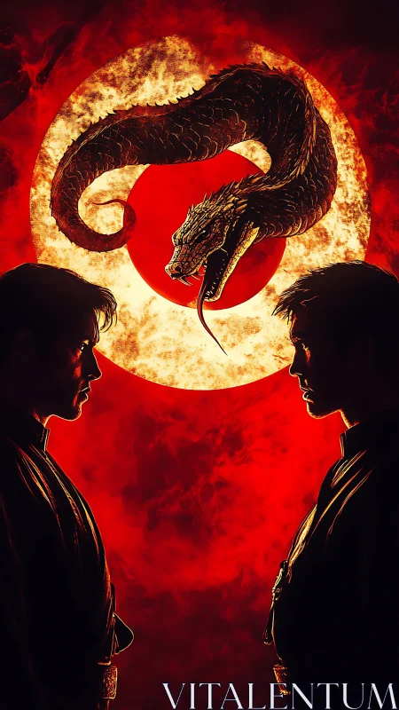 Two opposing warriors confront beneath coiled dragon emblem